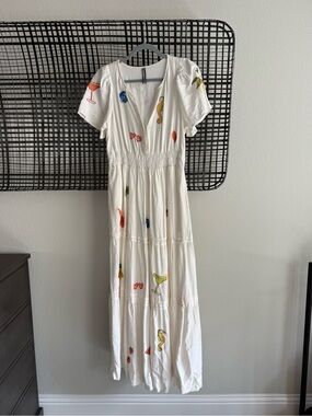 Anthropologie White Maxi Dress with Multicolor Cocktail Embroidery